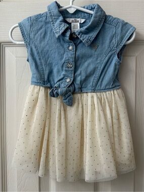GUESS Baby Girls Denim and Glitter Tulle Dress Neutral Silver Sparkle 12M EUC